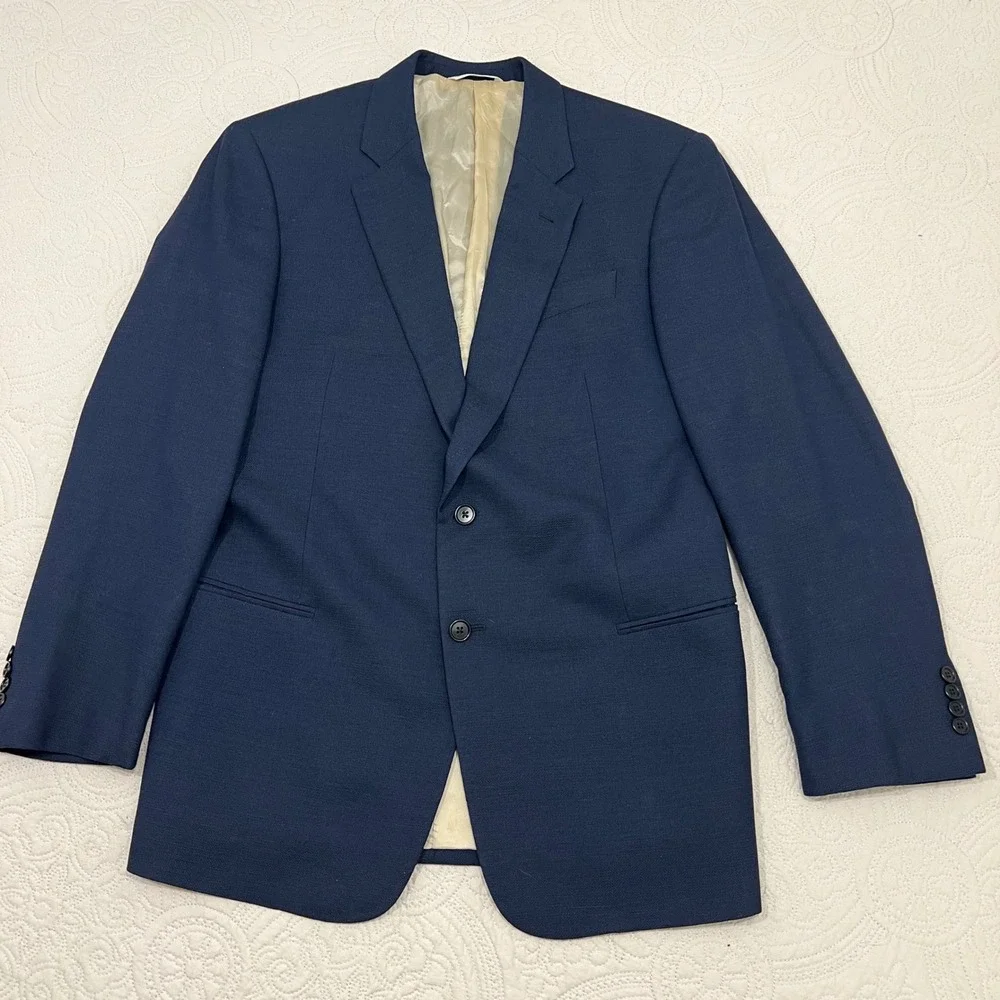 Armani Collezioni Mens Navy Blue Wool Hopsack‎ 2-Button Blazer Sport Coat 44R